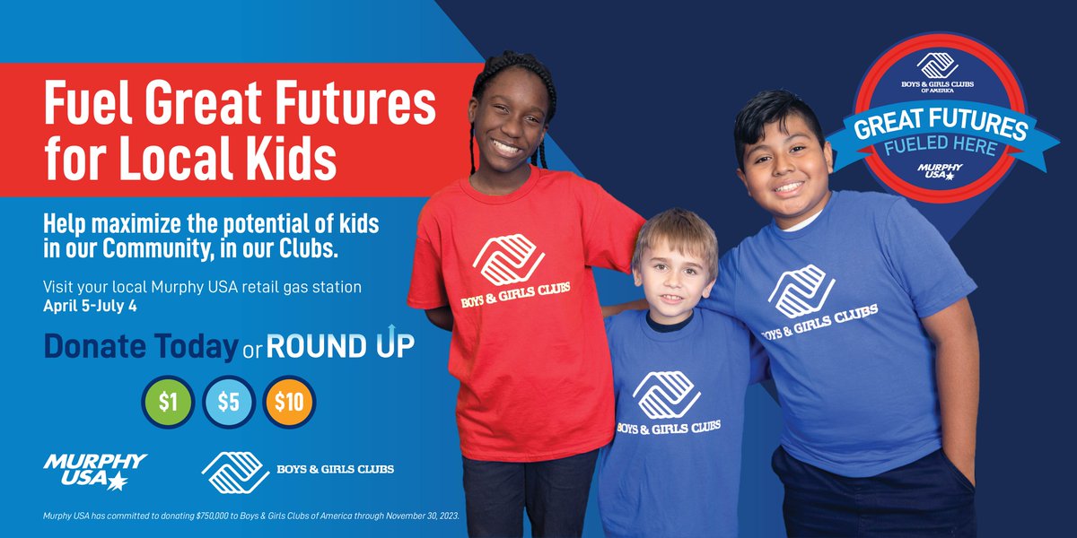 Help us give kids #GreatFutures by donating at checkout when you stop by <a href="/MurphyUSA/">Murphy USA</a>. <a href="/BGCA_Clubs/">Boys & Girls Clubs of America</a> 
#RoundUpAtMurphyUSA