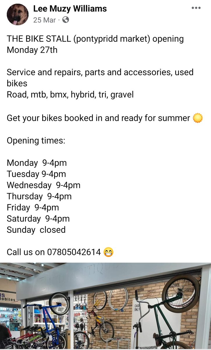 Another local opening up a shop in the local town 👌
THE BIKE STALL (pontypridd market) opening Monday 27th
Service and repairs, parts and accessories, used bikes 
Road, mtb, bmx, hybrid, tri, gravel
Get your bikes booked in and ready for summer ☀️
@YourPontypridd #pontypridd