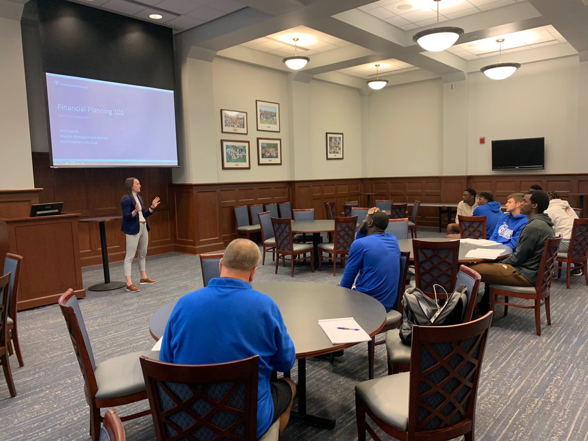 UWFMensBBall's tweet photo. The fellas have been working this off-season both on and off the court. Big thanks to @UWFWBB π PG @AlexCoyne00 from @NM_Financial for sharing with our guys about financial management. #BooksAndBall #StudentAthleteProgram https://t.co/BAfuKNvGTZ