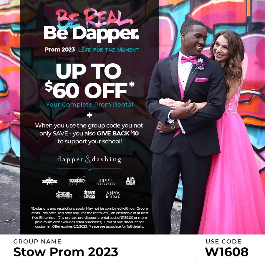 smfhsclassof23's tweet photo. Want to help us raise the roof this year for prom? Use our code W1608 and receive up to $60 off your entire prom outfit PLUS you will be helping to raise money for our group. Dapper &amp; Dashing is giving back $10 for every code redeemed! They offer a variety of options!! https://t.co/Yjee50ZwtX