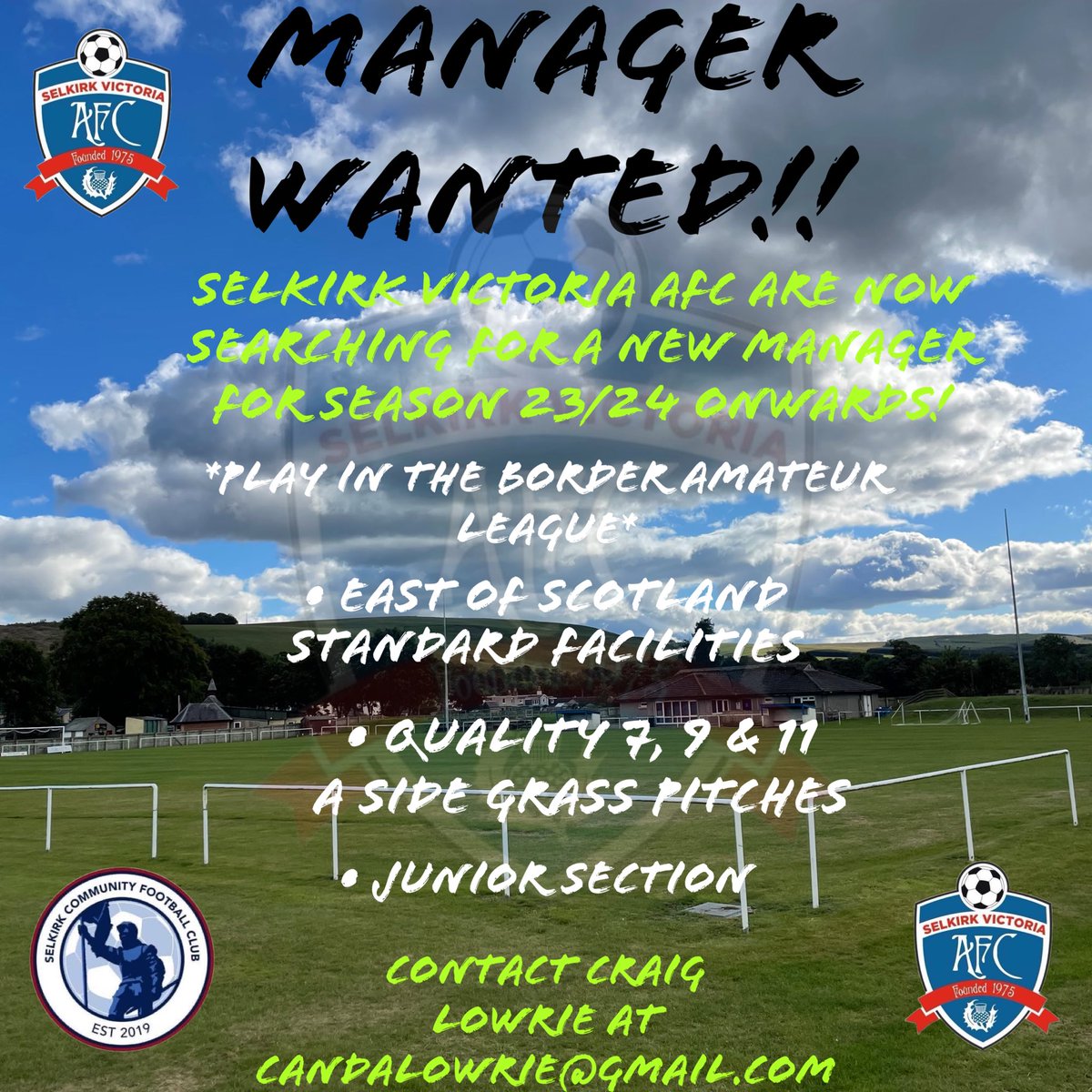 Our Border Amateur team Selkirk Victoria are on the search for a new manager for season 23/24! Plz RT