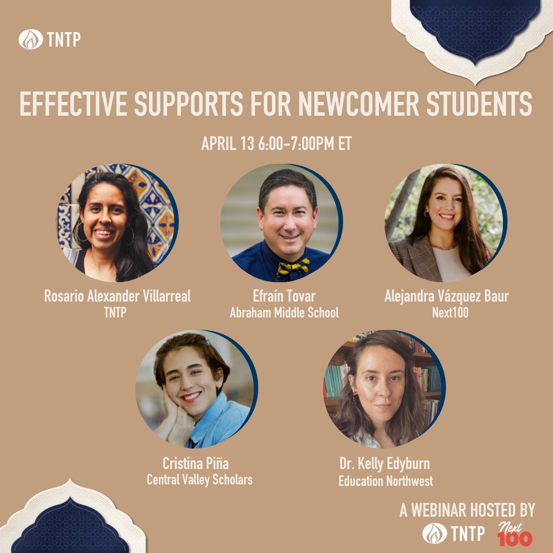 KellyEdyburn's tweet photo. Newcomer students are a vital part of our school communities. How can we ensure they receive the unique supports they need? Join @TNTP &amp; @TheNext100 for a panel discussion, Effective Supports for Newcomer Students, on 4/13 at 6pm ET. Register: https://t.co/3Cm7iOgfeg https://t.co/GCPEBdiST6