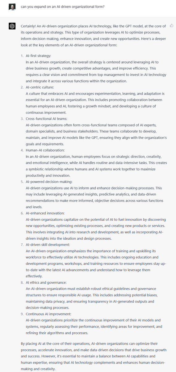 A burning issue is how to reorganize work around AI. Companies, from organizational structure to agile methods, are based around pre-AI limits on how people work &amp; coordinate. We don't need any new tech for that to have to change.

How? AI describes the "AI-centric organization"