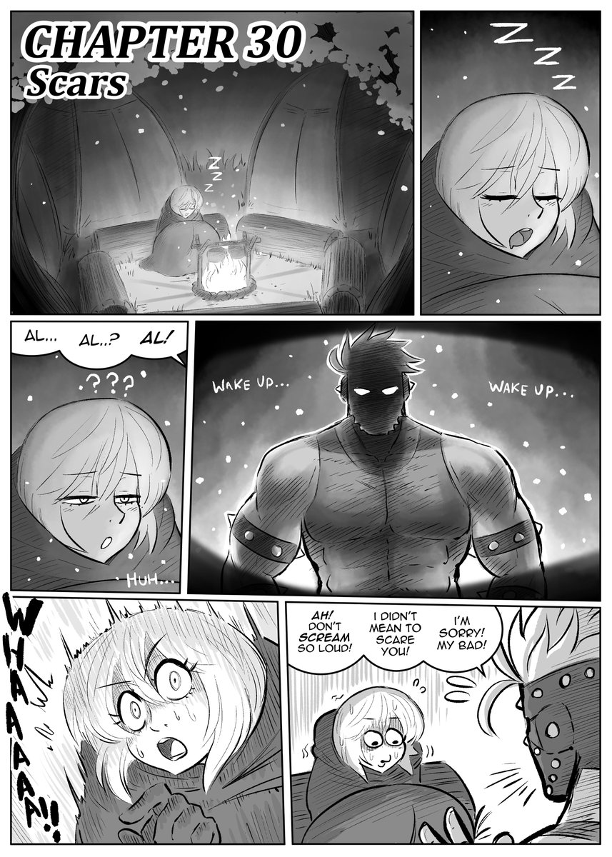 CHAPTER 30 of my comic DOWNTOWN DUNGEON: OUR HERO IS MISSING! is here!
Corbel recalls an incident that happened to him 10 years ago. Gather 'round the campfire, it's story time!
Read all 18 pages down below (GUEST ARTWORK by @AlmKornKid!)