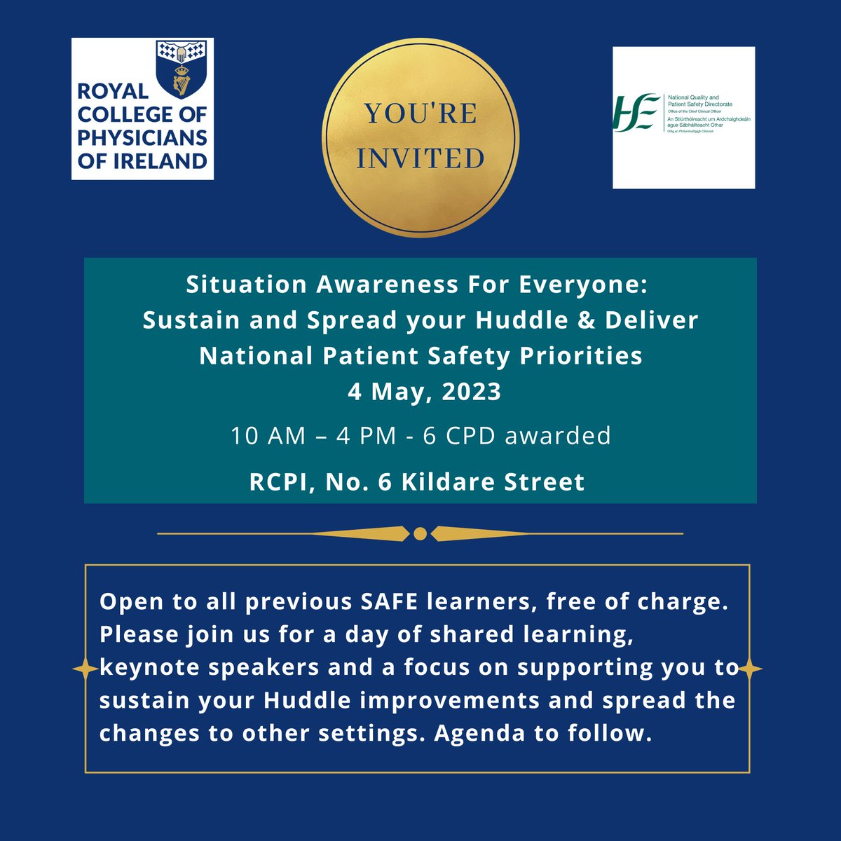 📣Calling all past @rcpi_news SAFE Collaborative learners! @NationalQPS is hosting an inaugural SAFE #SituationAwarenessForEveryone Workshop on 4th May for SAFE teams & senior leaders from the previous 5 cohorts. 6 CPD awarded. Click here: bit.ly/3KE406U #PatientSafety