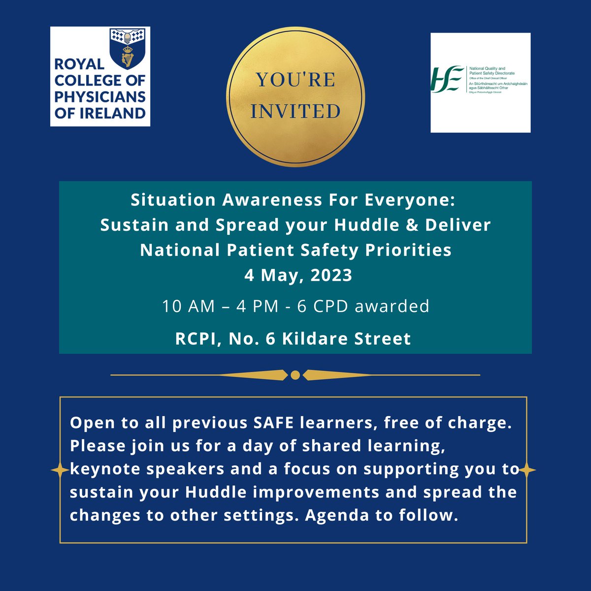 📣Calling all past @rcpi_news SAFE Collaborative learners! @NationalQPS is hosting an inaugural SAFE #SituationAwarenessForEveryone Workshop on 4th May for SAFE teams &amp; senior leaders from the previous 5 cohorts. 6 CPD awarded. Click here: bit.ly/3KE406U
#PatientSafety
