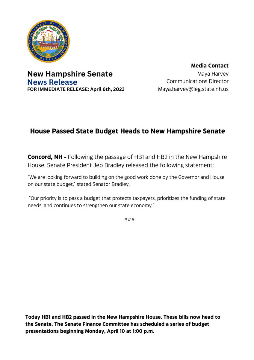 TheNHSenate's tweet photo. For Immediate Release: @NHHouseofReps Passed State Budget Heads to New Hampshire Senate.

@SenJeb 
#nhpolitics #nhsenate #nh #NHbudget #nhsen #NewHampshire https://t.co/ow1CJuMZz6