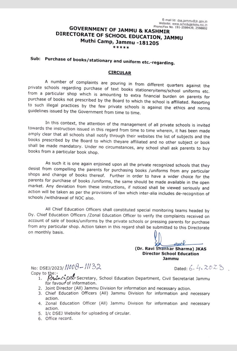 DSEJ issues instructions regarding Sale of Books ,Uniforms stationery.. @AlokKum36531399 @DSEJDrRSSharma @AdvisorBJKGovt @OfficeOfLGJandK @manojsinha_ @diprjk @JKSamagra @SCERTJK