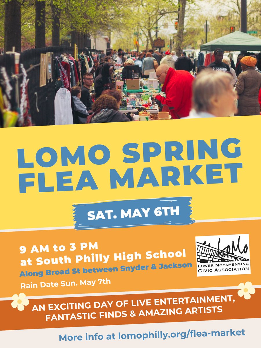 LoMoPhilly's tweet image. Save the date—we're holding our Spring Flea Market on Saturday, May 6th! Vendor registration is now open and costs $25 per space. More details can be found at lomophilly.org/flea-market