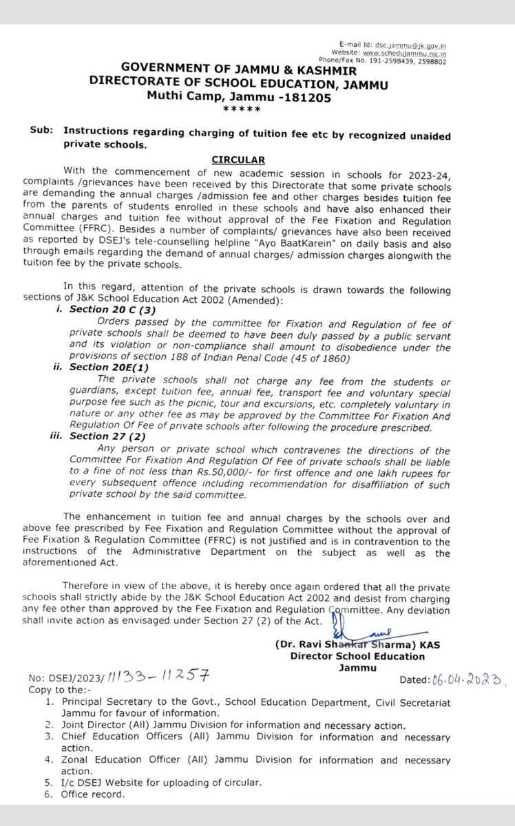 Directorate of School Education Jammu (@schoolsjammu) on Twitter photo DSEJ issues instructions regarding Charging of fees by private schools.
<a href="/AlokKum36531399/">Alok Kumar</a>
<a href="/AdvisorBJKGovt/">Office of Advisor Bhatnagar</a>
<a href="/OfficeOfLGJandK/">Office of LG J&K</a>
<a href="/manojsinha_/">Manoj Sinha</a>
<a href="/diprjk/">Information & PR, J&K</a>
<a href="/DSEJDrRSSharma/">Dr Ravi Shankar Sharma Director School Edu Jammu</a>
@SCERTJK
<a href="/JKSamagra/">Samagra Shiksha, J&K</a>
<a href="/moesgoi/">MoES GoI</a>
<a href="/airnewsalerts/">All India Radio News</a>
<a href="/PTI_News/">Press Trust of India</a> DSEJ issues instructions regarding Charging of fees by private schools.
<a href="/AlokKum36531399/">Alok Kumar</a>
<a href="/AdvisorBJKGovt/">Office of Advisor Bhatnagar</a>
<a href="/OfficeOfLGJandK/">Office of LG J&K</a>
<a href="/manojsinha_/">Manoj Sinha</a>
<a href="/diprjk/">Information & PR, J&K</a>
<a href="/DSEJDrRSSharma/">Dr Ravi Shankar Sharma Director School Edu Jammu</a>
@SCERTJK
<a href="/JKSamagra/">Samagra Shiksha, J&K</a>
<a href="/moesgoi/">MoES GoI</a>
<a href="/airnewsalerts/">All India Radio News</a>
<a href="/PTI_News/">Press Trust of India</a>