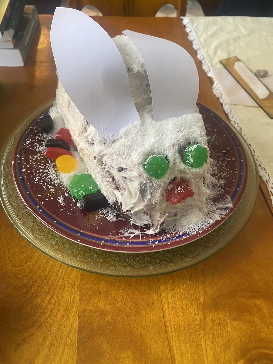 Second bunny cake attempt. Tried to decorate with candy but those candies are also used for the eyes and nose of the bunny cake so taken to it’s logical conclusion the bunny cake is in a very dangerous place