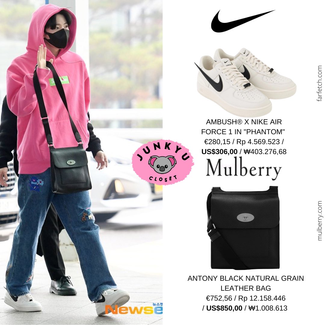 junkyucloset's tweet photo. 230407 #JUNKYU Airport preview

SUPREME 
Box Logo Hooded Sweatshirt - magenta
US$168,00

YOUTHBATH
Bear Graphic Denim Pants 
₩89.000

MULBERRY 
Antony Black Natural Grain Leather
US$850,00

AMBUSH X NIKE 
Air Force 1 in “phantom”
US$306,00 

#준규 #JUNKYU #TREASURE https://t.co/LGJkGSXDse