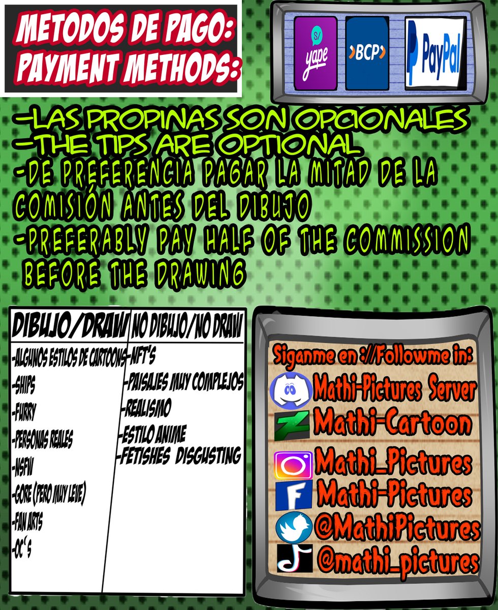 MathiPictures's tweet photo. 📷📷¡#comissionopens #ComisionesAbiertas #comissions!📷
📷*Métodos de pago /pay methonds *📷 : PayPal, BCP and Yape!
INSTAGRAM:mathi_pictures
Página de face:Mathi-pictures
📷Para ordenar no olviden ir a mis redes sociales o aquí para coordinar el dibujo https://t.co/MrablzJbpk
