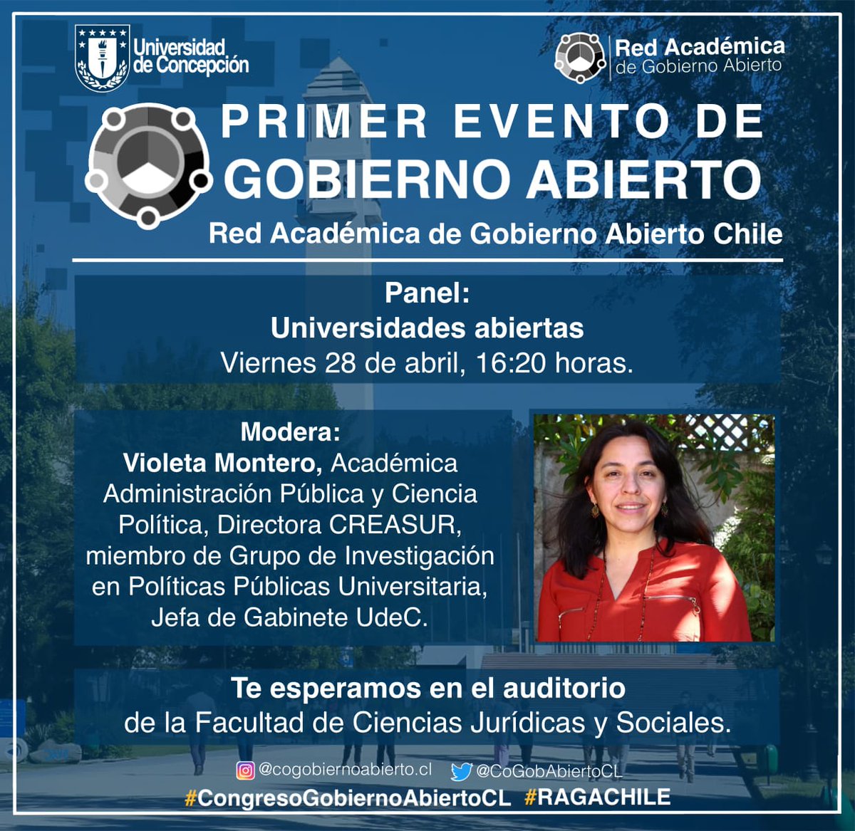 Nuestra Directora <a href="/vmonterob/">violeta</a> estará en el Primer Evento de Gobierno Abierto <a href="/COGobAbiertoCL/">Primer Congreso de Gobierno Abierto Chile</a> a desarrollarse entre los días 26 y 28 de abril próximo.

La Programación y más información del Congreso en gobiernoabierto.udec.cl/proximos-event…