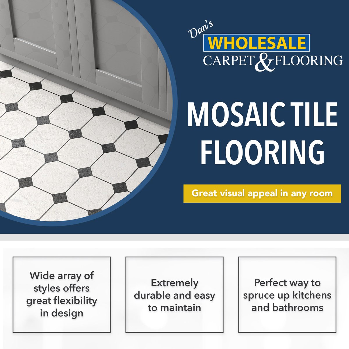 Mosaic tile flooring is a great way to spruce up any room, especially kitchens and bathrooms. Its visual appeal and ease of maintenance make it a favorite!

Stop in today to shop our inventory of mosaic tile flooring or visit our website to learn more: danswholesale.com/tile/