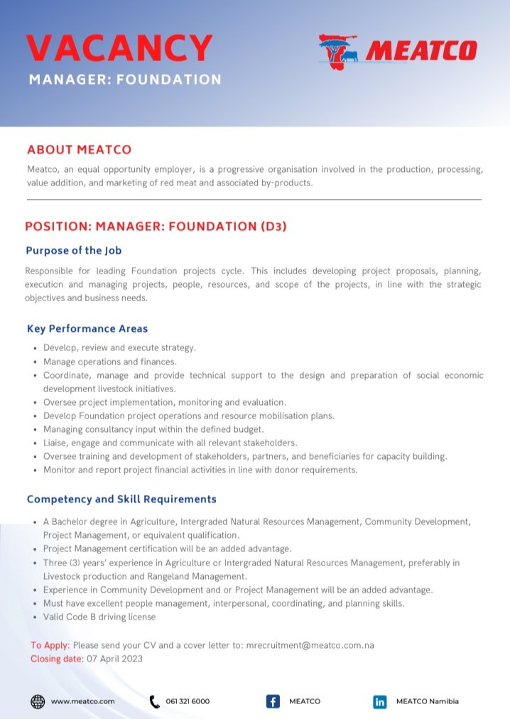Jobs Namibia on Twitter "Vacancies available at Meatco. Share them