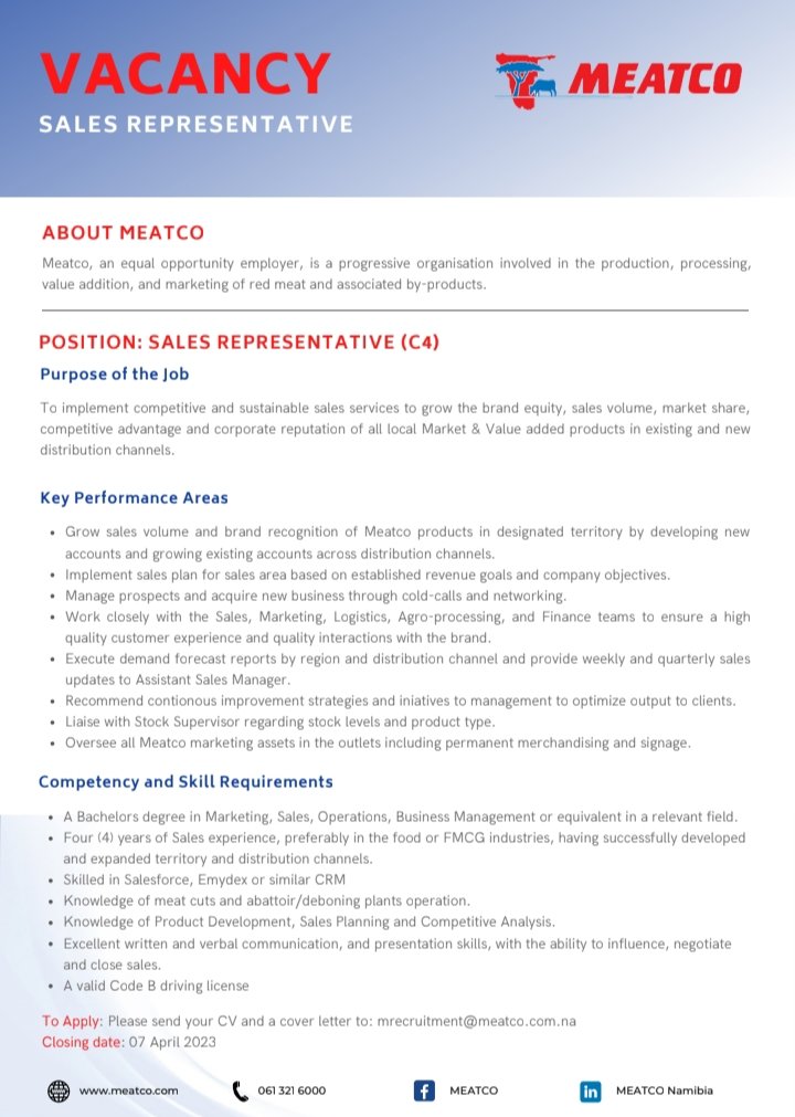 Jobs Namibia on Twitter "Vacancies available at Meatco. Share them
