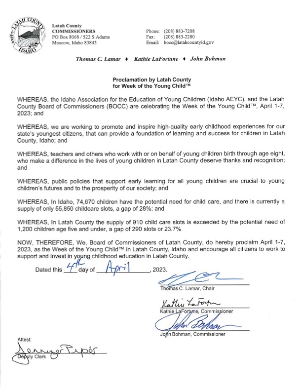 LatahCountyID's tweet photo. On  Tuesday, the Latah County Commissioners recognized the #WeekoftheYoungChild, and identified the need to improve #childcare options  available to families in Latah County. #earlyyears #earlylearning #idleg #idpol https://t.co/56zjua7EZf