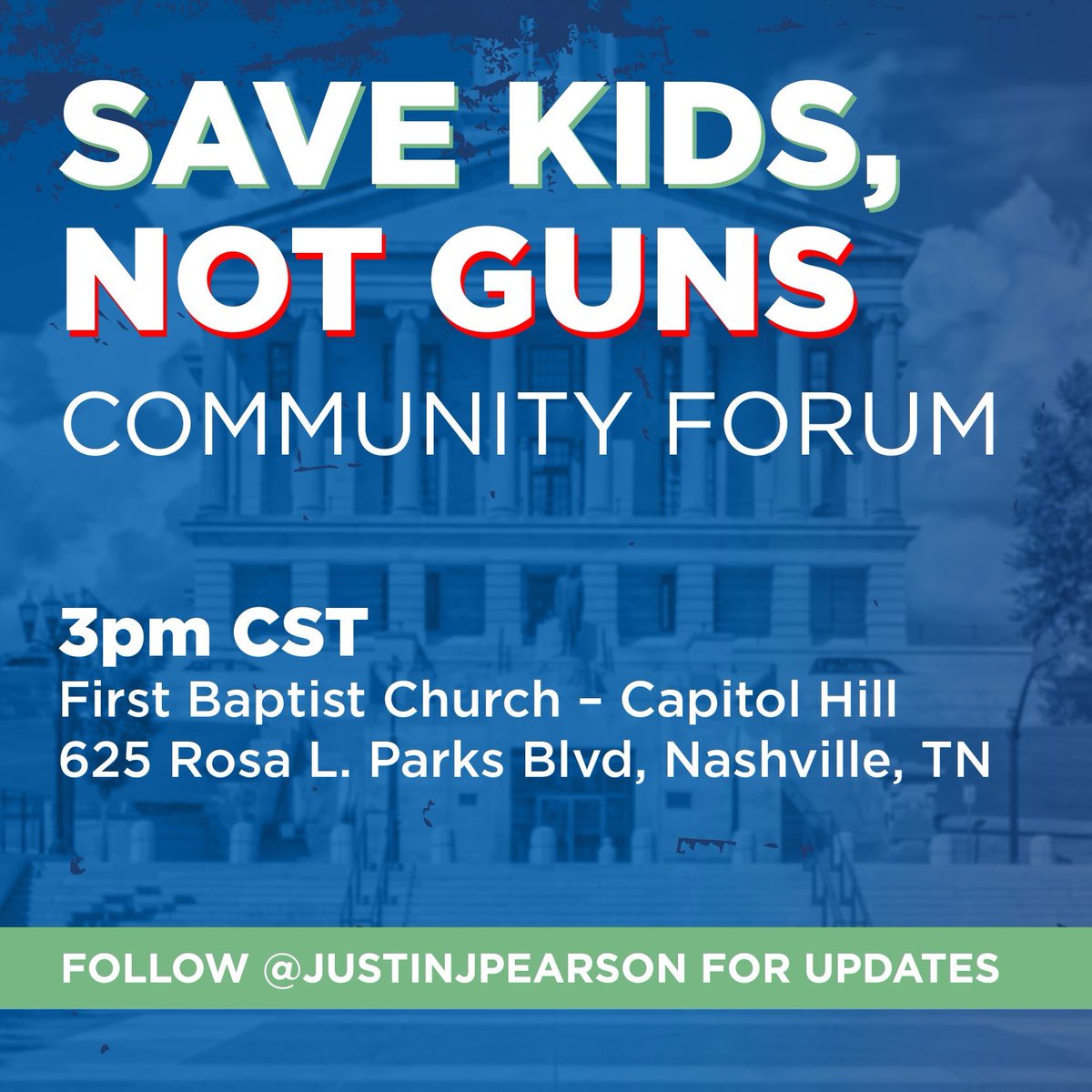 Today, we will gather for a special meeting about what’s next in the movement to reduce gun violence in Tennessee. 

If you’re in Nashville please join us at First Baptist Church - Capitol Hill at 3pm CST. tinyurl.com/safeTN

The forum will be streamed on my FB Live!