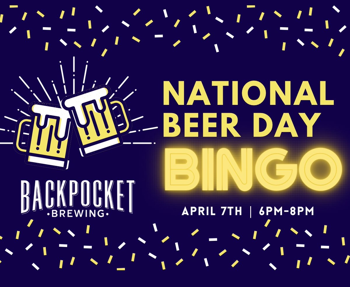 BackpocketBrew's tweet image. Celebrate National Beer Day with us on Friday, April 7th! We will be hosting a Backpocket Beer-themed Bingo from 6pm-8pm.

Bring your friends &amp;amp; play for the chance to win some cool prizes!