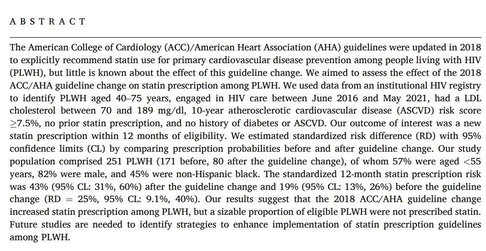 New <a href="/JPS_Research/">JPS Research</a> study: Change in ACC/AHA cholesterol management guidelines increased statin prescription among people living with #HIV, but additional strategies are needed to improve prescribing.

bit.ly/3nKUFRz

<a href="/hivthrive/">HIV Thrive</a> <a href="/HIVPA/">HIV Pharmacy Assoc.💙</a> #RxEpi #pharmepi