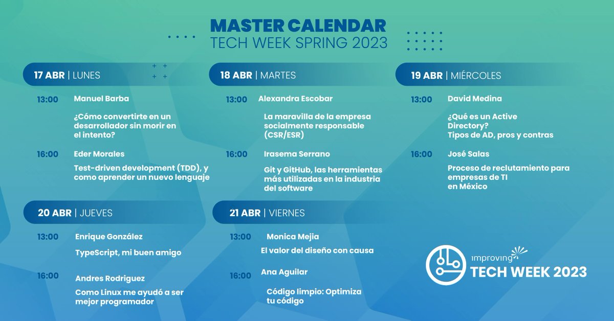 ImprovingMx's tweet image. ¡Improving #TechWeek se acerca! Nuestros Improvers han preparado asombrosas pláticas para estudiantes universitarios, compartirán sus conocimientos sobre temas técnicos y habilidades interpersonales. 

¡No te pierdas esta oportunidad de aprender y regístrate!