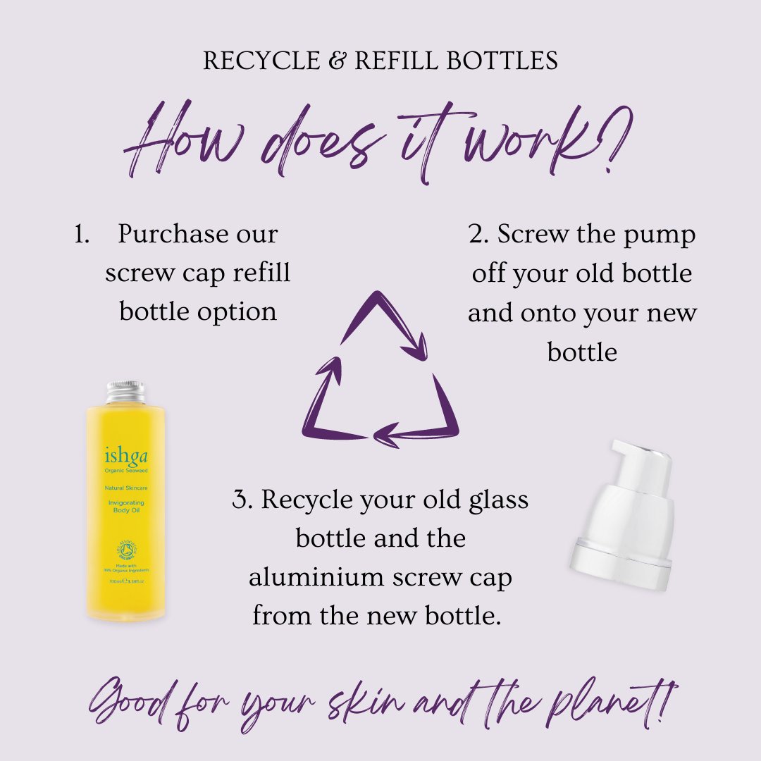 Did you know, ishga offers screw cap top refill options for purchasing to reduce plastic waste? ⁠More of our range is now in available in glass packaging, and adding refills as a choice helps to make your skincare even more sustainable ♻️⁠
⁠ishga.com/collections/all
