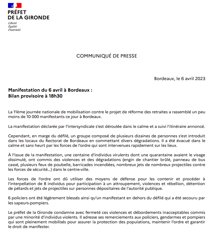 PrefAquitaine33's tweet photo. #Manifestation6avril à #Bordeaux :
bilan provisoire à 18h30 https://t.co/jAkBvoGyhD