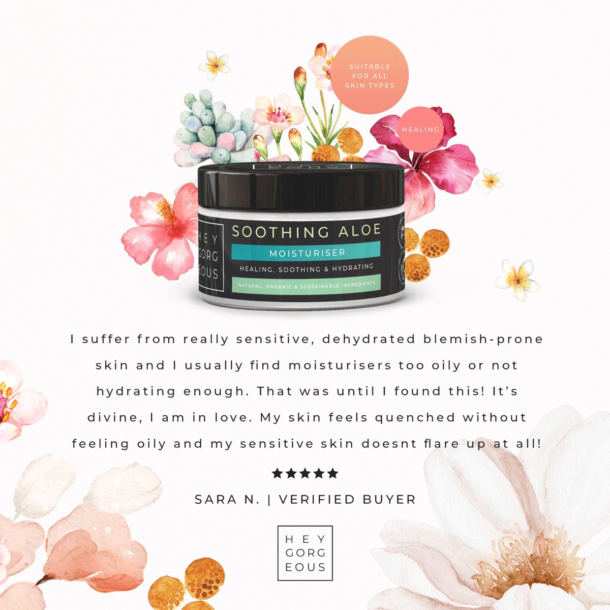 Sensitive, rosacea or acne prone skin? Our soothing Aloe Moisturiser is a must. See our website for more hey-gorgeous.co.za