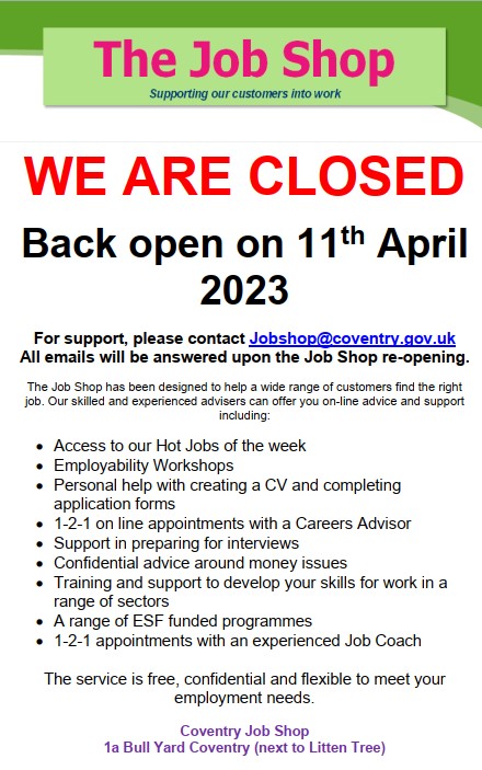 covjobsupport's tweet image. The Job Shop is now closed until the 11th April 2023.

We assure you that all emails will be answered as soon as we return to the office.

#JobShop #CoventryCityCouncil #ClosureDates #2023 #PublicHolidays