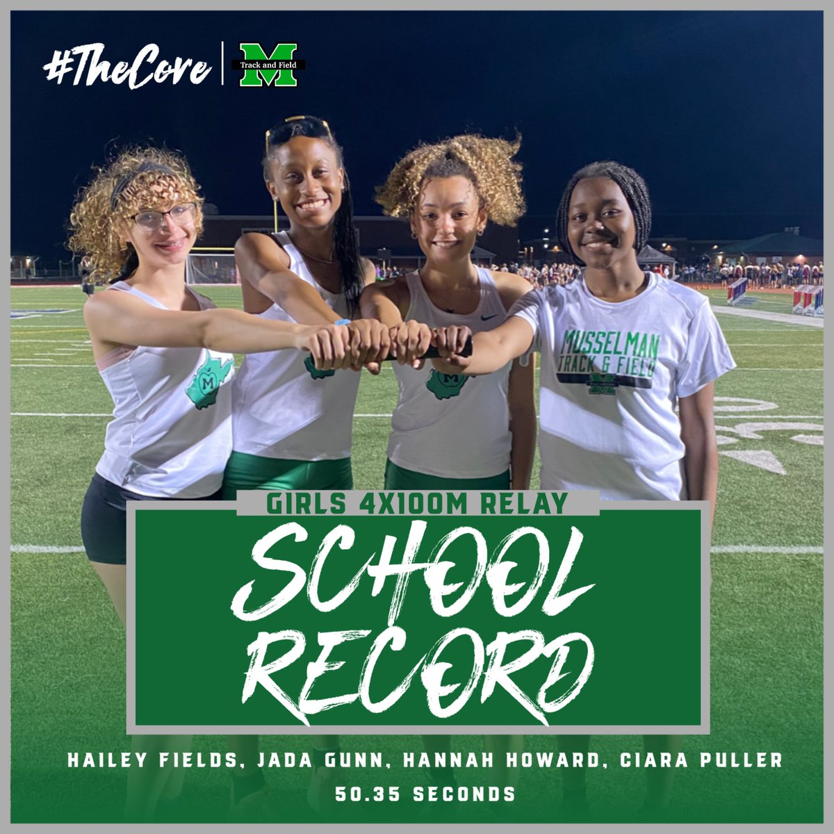 MuHSTFCC's tweet photo. ‼️ School Record ‼️

The 4x100m relay team of Hailey Fields, Jada Gunn, Hannah Howard, and Ciara Puller broke the school record with a time of 50.35 seconds! https://t.co/1mqI1kGxr9