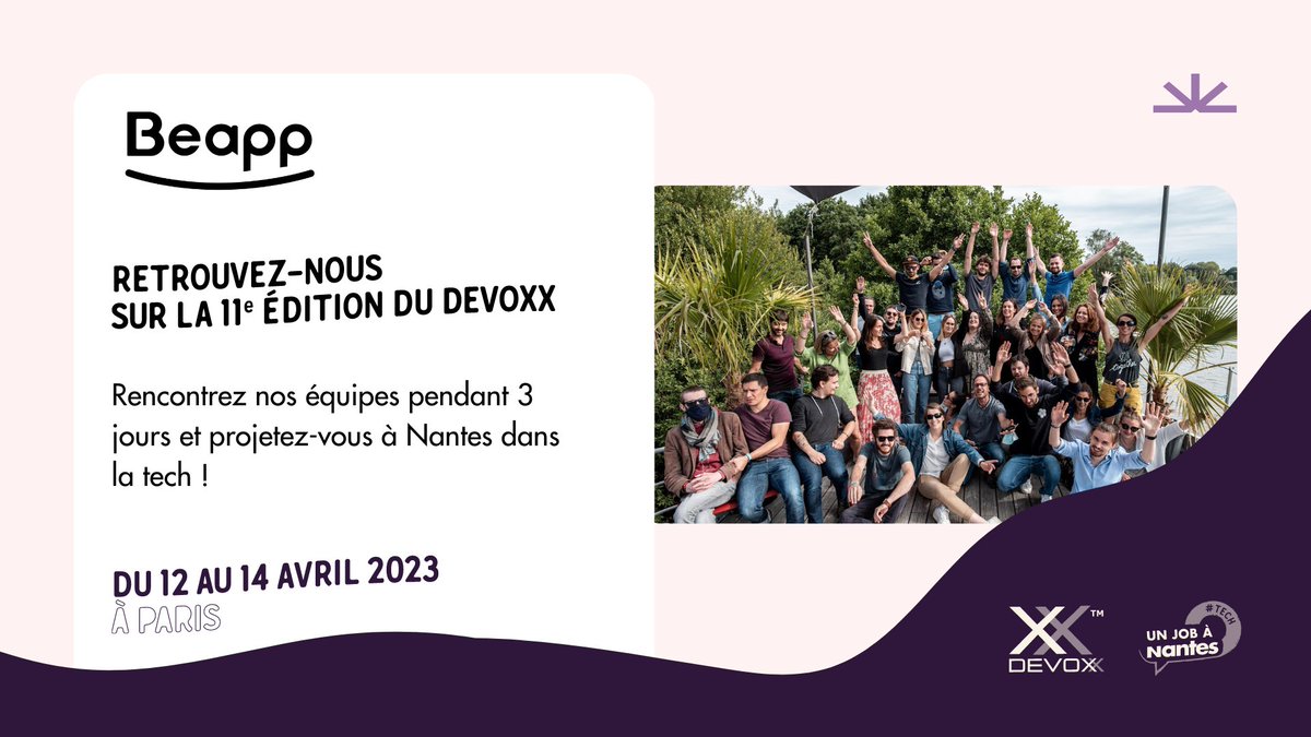 J-6 avant le #Devoxx2023 !

Du 12 au 14 avril, nous serons au #Devoxx2023 avec #UnJobàNantes #Tech ! 📷

Rencontrez Damien Villeneuve, notre CTO ainsi que le collectif de #tech nantais pour parler opportunités pros autour de spécialités nantaises !

📷Rendez-vous sur le stand D05