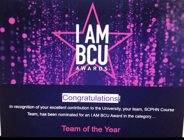 What a lovely surprise we have had this morning being nominated for #teamoftheyear - a big thank you to whoever nominated us and thank you to everyone who supports our @BCUHELS #scphn programme and our #healthvisiting #schoolnursing students #IAMBCUAwards #makingadifference