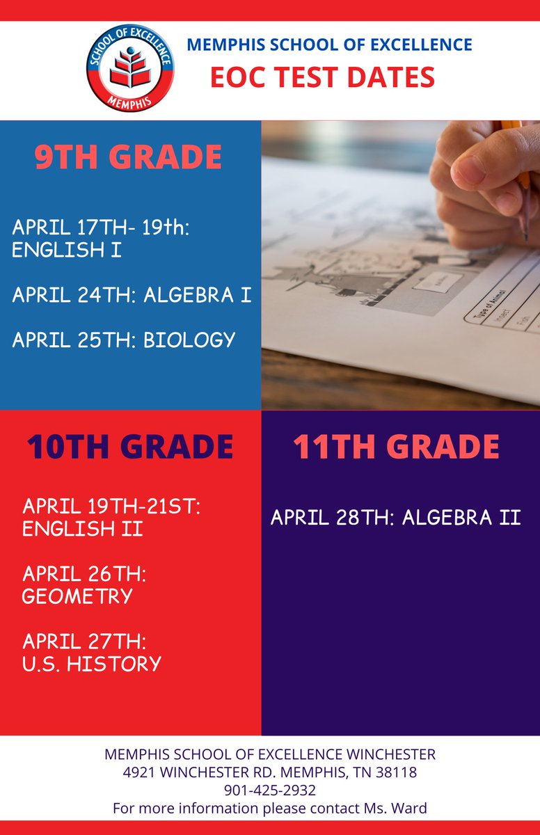 MSEWinchester's tweet photo. TCAP testing is quickly approaching. Testing will begin on 4/17. Please make sure students arrive on time prepared to test. If you have any questions about testing, please contact our school. https://t.co/20MUBexVFq