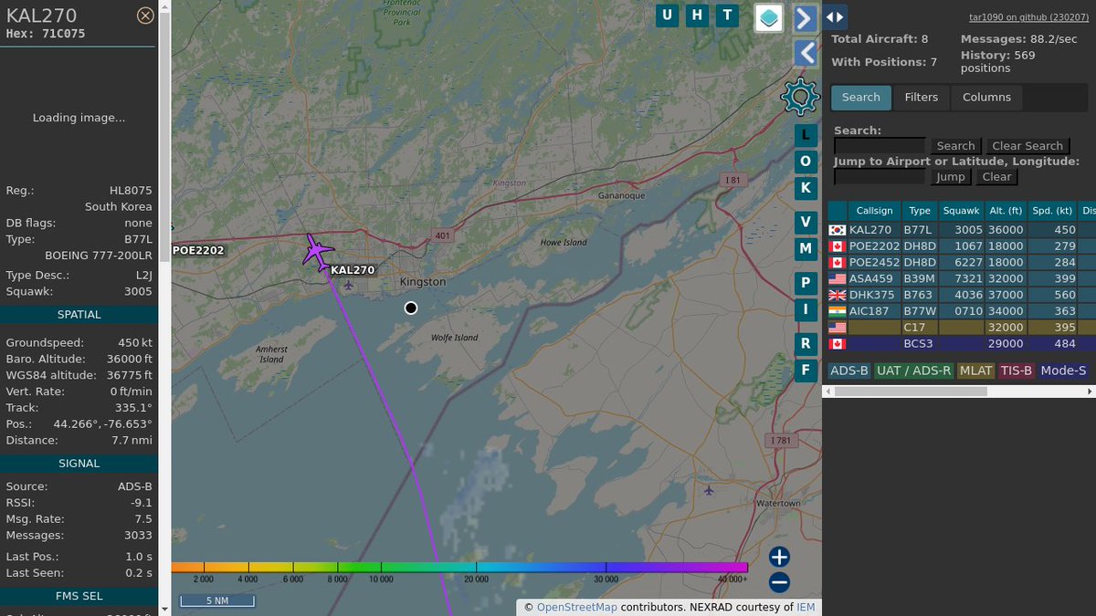 #KAL270 HL8075 777 FEZ Korean Air @ 36025 ft and 52.3° frm hrzn, heading NW @ 992.8km/h 08:34:12 globe.adsbexchange.com/?icao=71C075 #WayTheHeckUpThere #FlyingFast #OverKingston #dump1090 #ADSB