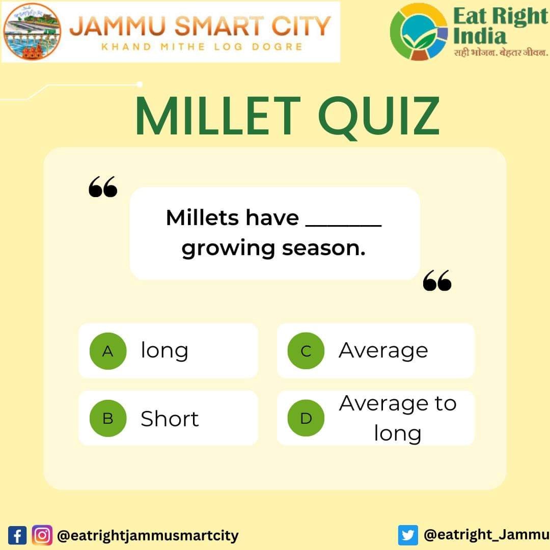 EatRight_Jammu's tweet photo. Let's test your knowledge about Millets

#eatrightjammu #eatrightchallenge #eatrightindia #jammusmartcitylimited #jammu #fssai #foodfortification #sustainablefood #healthyeating #healthyindia #swasthabharat #FortifiedFood #Millets #MilletMela #EatRightMillet #MilletQuiz https://t.co/f7BLNBQPz0