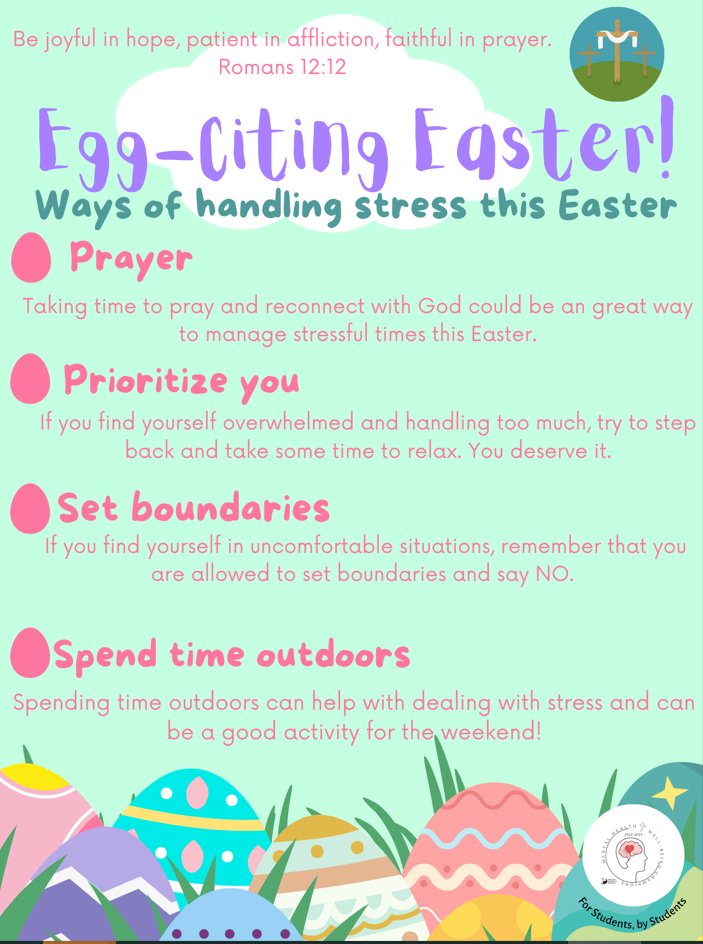 Easter weekend is a time of renewal and restoration. However, for many students it can also be a time of stress. The following resource from the #DPCDSB Student MHWB Champions offers tips for students to enjoy this weekend.#forstudentsbystudents #dpwellness4all