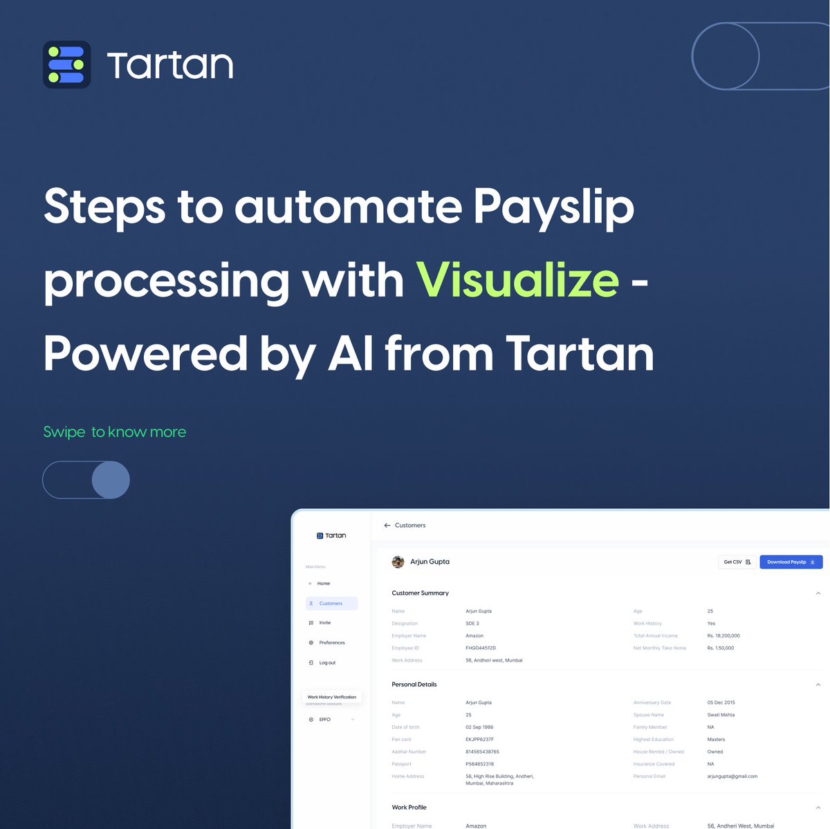 TartanHQ's tweet photo. Do you find it tough to process thousands of payslips manually? Do you have a manual team analysing your payslips with unpredictable TATs? 
Here’s how Tartan's Visualize does it for you - https://t.co/H60iXla95K

#Tartan #Visualize #AI #Employeeverification #Incomeverification https://t.co/Jr01BTlIMn