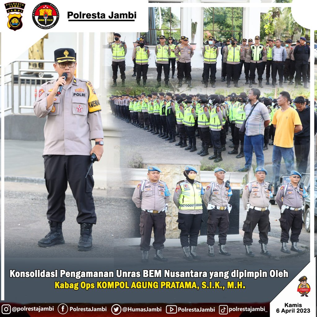 HumasJambi's tweet photo. Polresta Update
Apel Konsolidasi Pasca pengamanan unras dari Badan eksekutif Mahasiswa ( BEM ) Nusantara
Kamis 6 April 2023
#damaiindonesia
#polrestajambi
#jambiterkini
#jambiupdate
#jambiviral
#divisihumaspolri
@kapolrestajambi
@polda_jambi https://t.co/AHA9vJjf2d