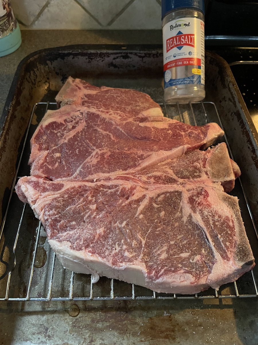TrimpeChristine's tweet photo. Okay @CaryKelly11 my 1st dry brine. I forgot to do this last night to eat today—so should I wait until tomorrow to cook these? Opinion please! Steaks by @GoodRanchers Need more #RedmondsRealSalt https://t.co/4Ym1CV3WQB