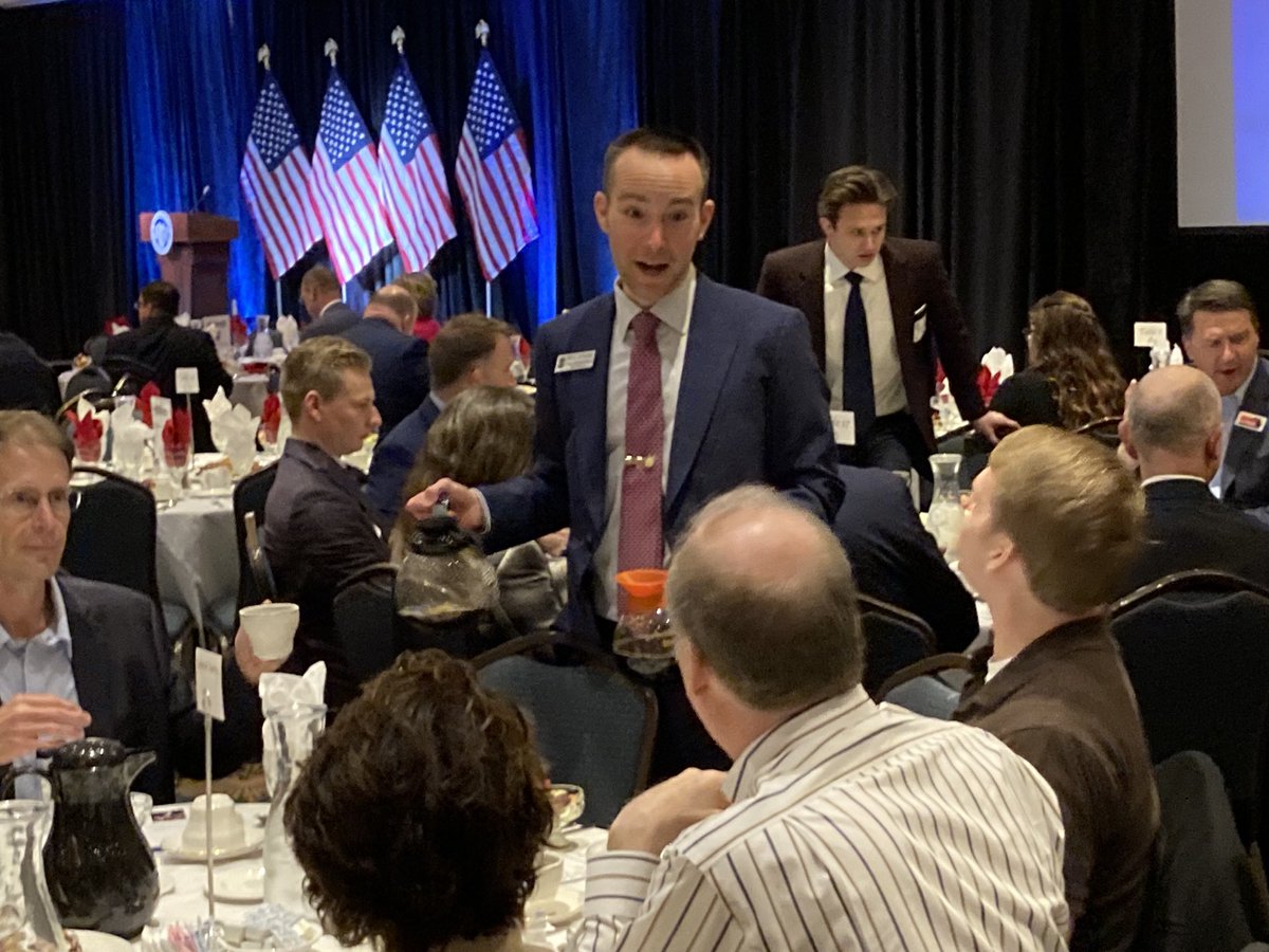 paulegan4's tweet photo. Former MI Atty Gen Bill Schuette’s longtime schtick was pouring the coffee at every #migop event. His son, state Rep. Bill Schuette, has picked up the mantle (or carafe) at today’s Midland event featuring FLA Gov Ron DeSantis #mipol https://t.co/7E7FEaOdBw