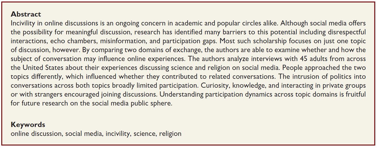 eszter's tweet photo. excited that the 1st paper from this project w/@willmarler is now out: “Doesn’t Seem Like a Place to Interact, or Interact Well”: Motivations to Discuss (and Not) Science and Religion on Social Media
https://t.co/2gm76kBG74 #OpenAccess https://t.co/lRuP5QZtfy