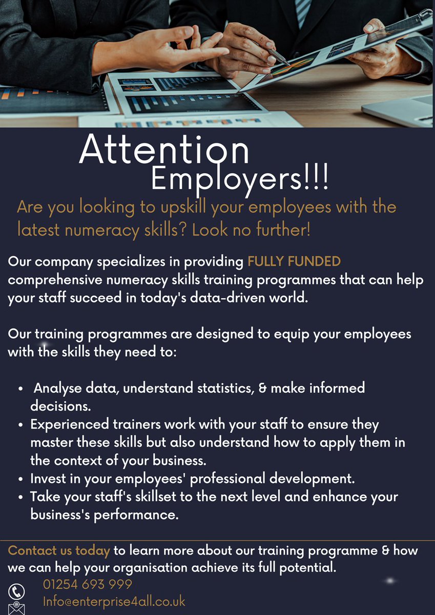 Boost your employees' skills with FREE numeracy training! From data analysis to decision-making, our courses equip them with the latest skills. Invest in their development and take your business to new heights. Contact us now! #numeracyskills #upskilling #WestYorkshire.