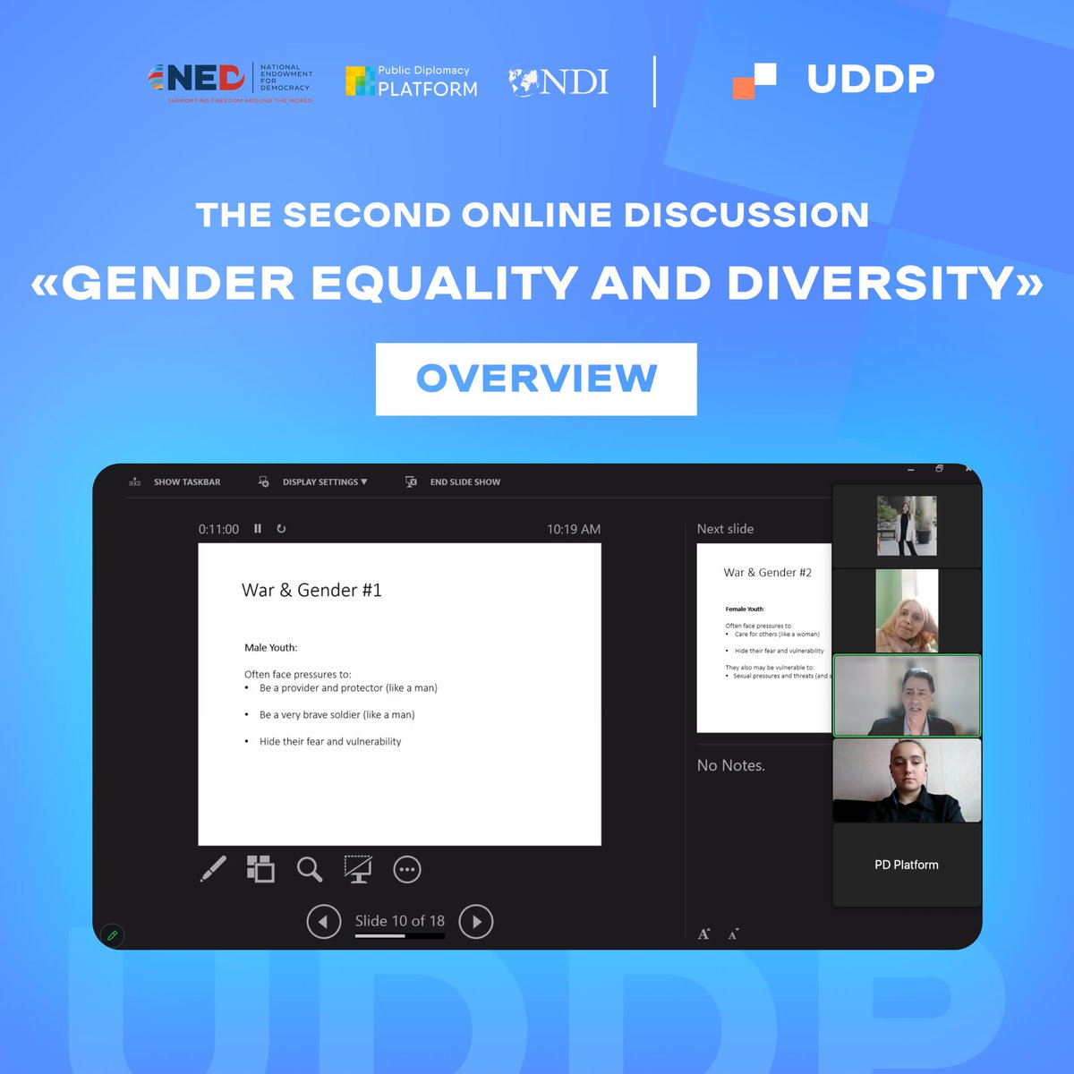 pdplatform_ngo's tweet photo. Discussion within Ukraine Democracy Discussion Platform on "Gender Equality &amp; Diversity" was held on April 5th🤩

We thank participants for fruitful discussion, as well as our partners @NDI and the @NEDemocracy, who made it possible.

Watch the discussion:
https://t.co/rfiPqAf9tC https://t.co/0cisMZgBPa