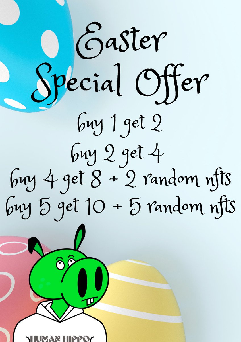 Our Easter Special is now live, and we have some amazing surprises for you. Don't miss out on this opportunity to collect some unique and rare NFTs #Fantom. Hop on over to our platform and join the festivities!
humanhippo.vercel.app/index.html
🐰🥚🎁 #NFTs #EasterSpecial #CryptoArt $FTM
