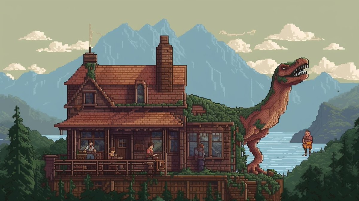 white6247's tweet photo. @icreatelife inspired by movie Jurassic Park and Titanic, pixel art, a 90s video game --ar 16:9 https://t.co/Y9WYk1BeGg