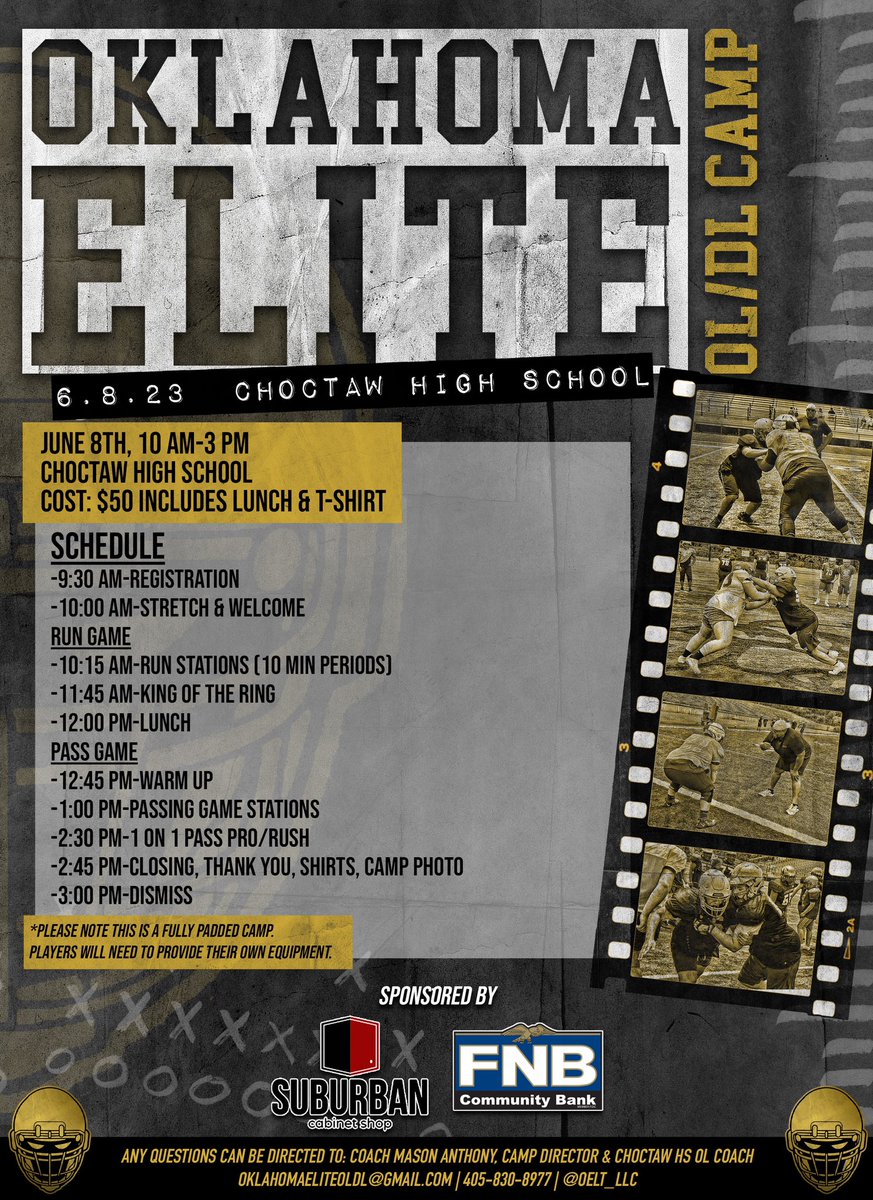 OKEliteOLDL's tweet photo. 📢‼️7th-12th grade OL/DL! Come get better at the 2nd Annual Oklahoma Elite OL/DL Camp!‼️

🗓️ June 8, 2023

⏰ 10am-3pm

📍Choctaw HS, Choctaw, OK

Individual sign up:
💻  https://t.co/LK2bI4suiQ

Coaches contact: oklahomaeliteoldl@gmail.com for team sign ups https://t.co/XoPDbAMazO