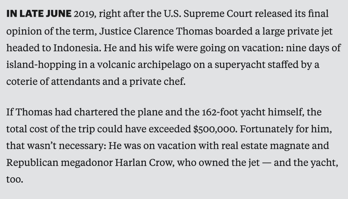 TVietor08's tweet photo. Justice Clarence Thomas has been accepting free trips like this from a right-wing mega donor for 20 years. https://t.co/ENz5VYRAzw https://t.co/ll2JiqisKt