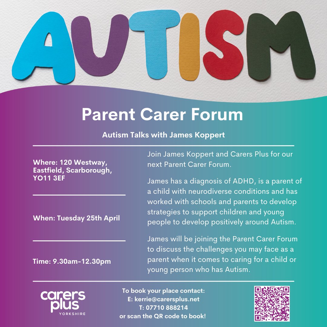 Are you a parent who cares for a child or young person who has Autism? Join Carers Plus Yorkshire and James Koppert for the next Parent Carer Forum. This session will run at 120 Westway, Eastfield on Tuesday 25th April.
#wecare #parentcarers #neurodiversity #carersuk