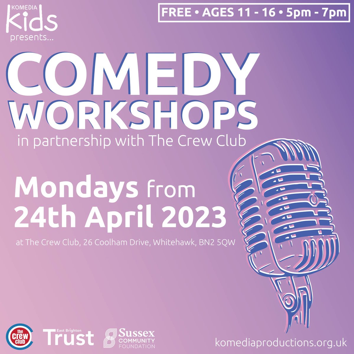 Comedy Workshops are back MON 24 APR in partnership with @crewclub 🎉 🎙️ 

Meet new people, learn &amp; develop comedic skills from a range of comedians

Book: email charlotte.vivian@komedia.co.uk

Funded by @SussexGiving, <a href="/EBT_UK/">East Brighton Trust</a> &amp; donations when booking tickets at <a href="/KomediaBrighton/">Komedia Brighton</a>